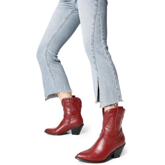 Women's Red Boots Western Fashion Mild Boots Chunky Block Heel Fall Shoes - Picture 5 of 6